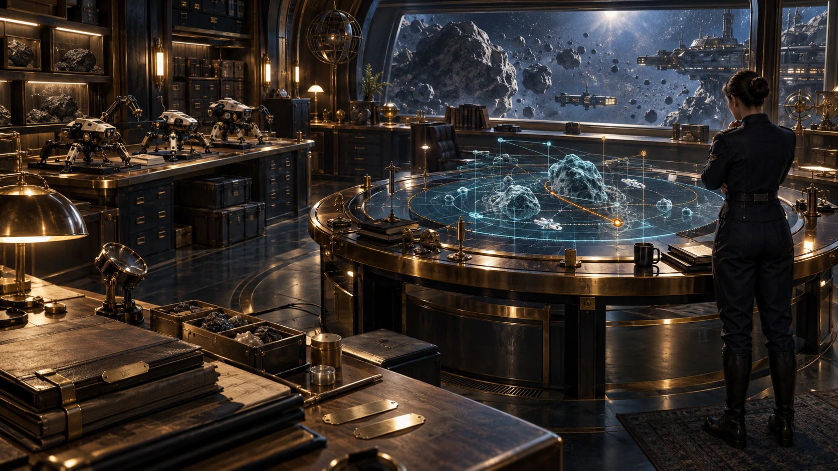 An intricate frontier command room where physical dossiers and holographic tactical maps meet.