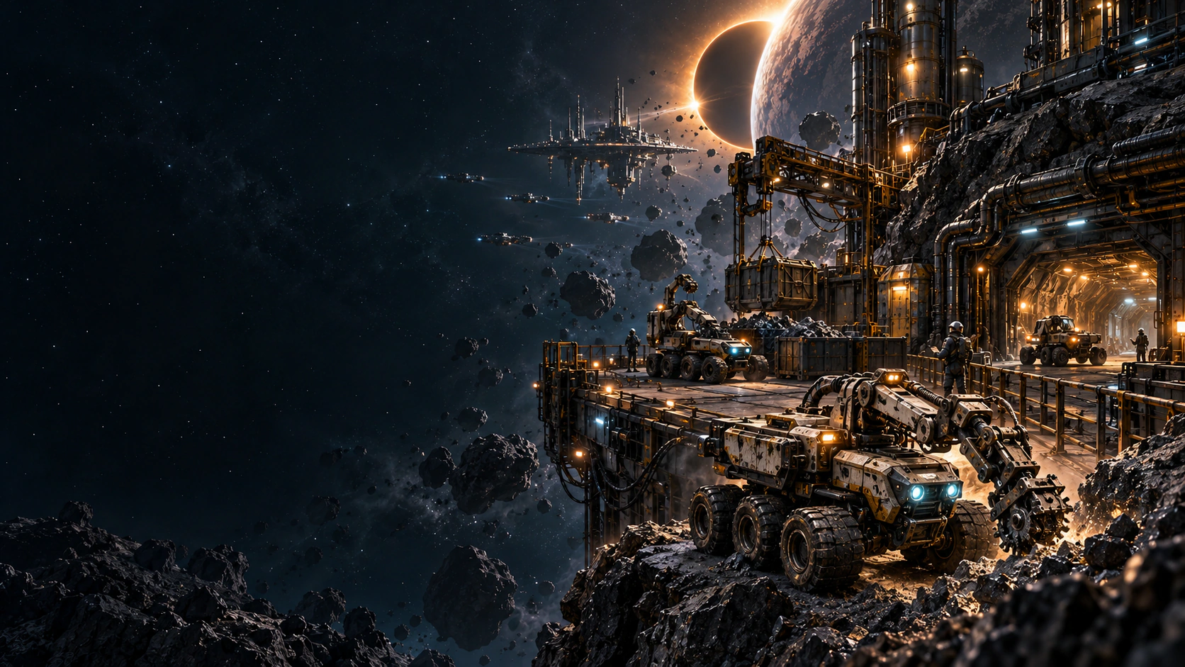 Three harvesting drones cross a detailed asteroid ore dock beneath the amber eclipse of Helios Prime.